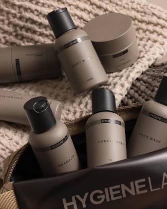 Hygiene Lab bath and skincare essentials packed in a travel bag. Fearrington Village.