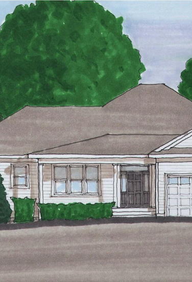 Watercolor illustration of a charming single-story cottage with a welcoming front porch. Fearrington Village.