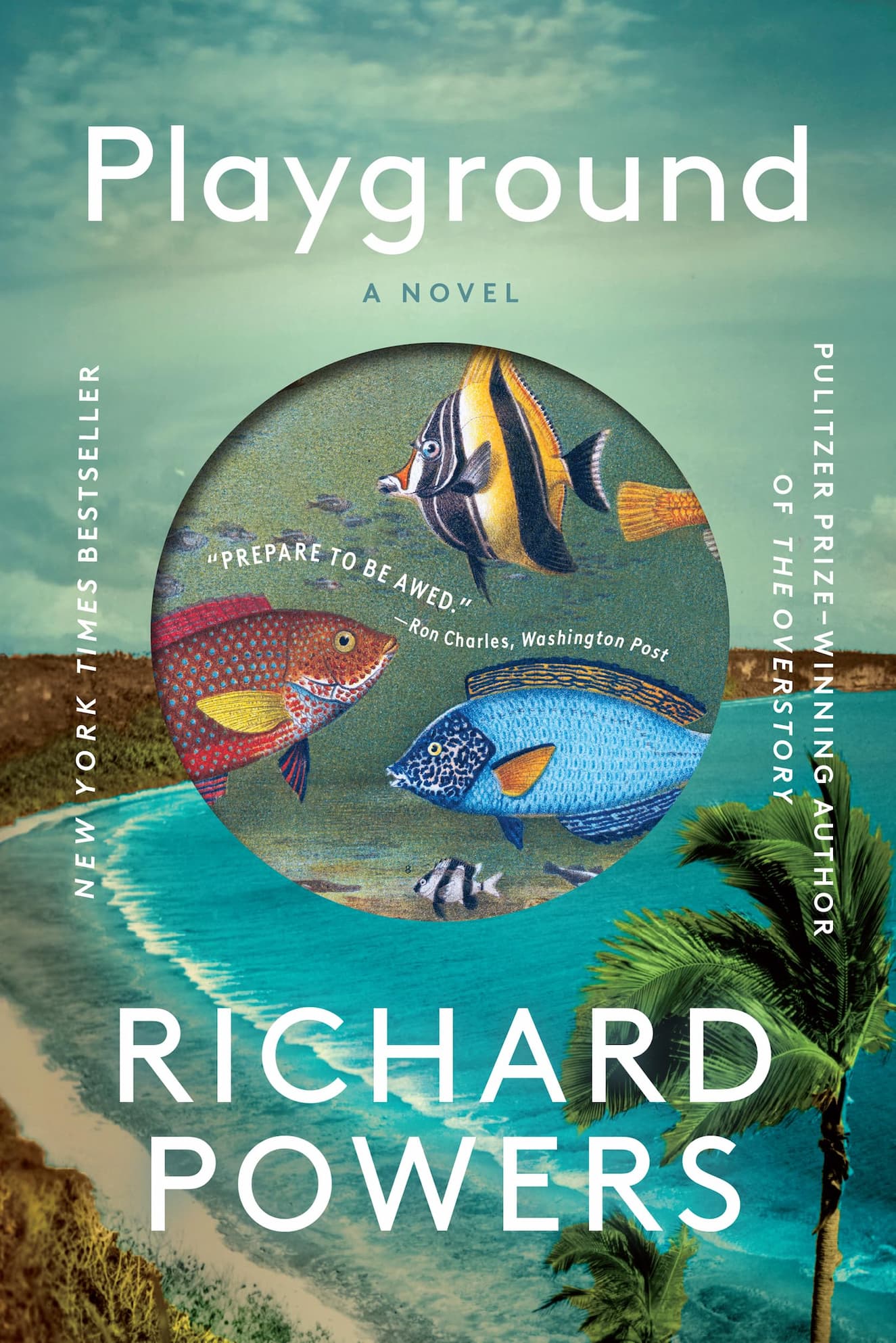Book cover for Playground, a novel by Richard Powers, featuring colorful tropical fish over an aerial view of turquoise ocean and palm trees. Fearrington Village.