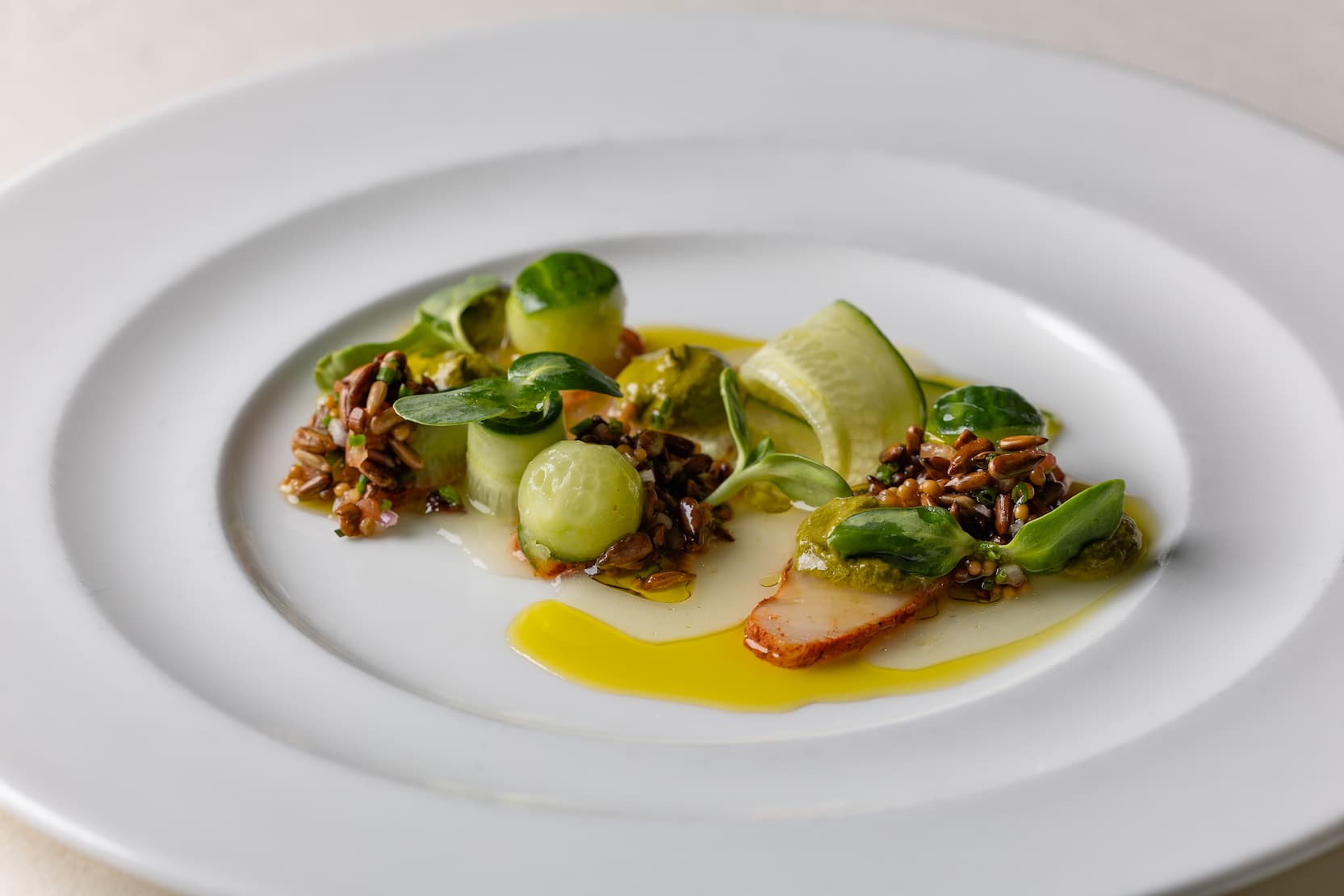 Elegant plated summer salad featuring cucumber ribbons and melon spheres with toasted grains, fresh herbs, and a vibrant green herb purée, finished with a drizzle of golden olive oil on a white porcelain plate.