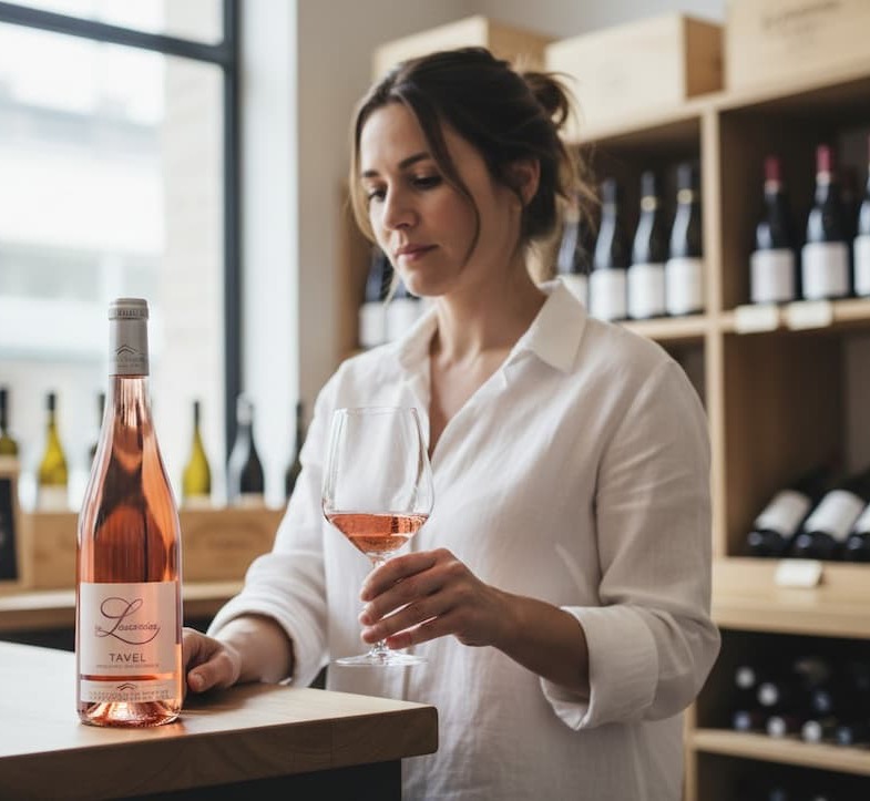 Woman in a wine shop holding a glass of rosé and examining a bottle on a wooden counter, with shelves of wine bottles in the background.