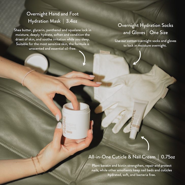 Lifestyle image of a hand dipping into a PAUME hydration mask jar on a leather surface, surrounded by cotton gloves and a nail cream, with text callouts describing an overnight hand and foot mask, hydration gloves and socks, and a cuticle cream.