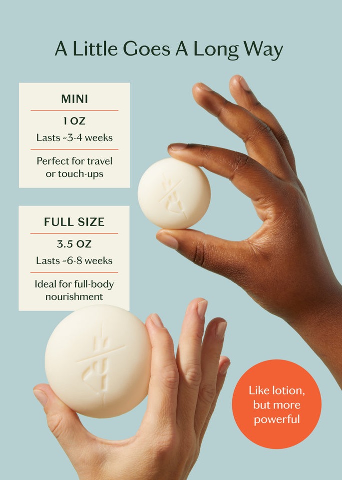 Two hands hold round lotion bars. Text compares sizes: Mini (1 oz, lasts 3–4 weeks, for travel/touch-ups) and Full Size (3.5 oz, lasts 6–8 weeks, for full-body use). Tag: "Like lotion, but more powerful. Fearrington Village