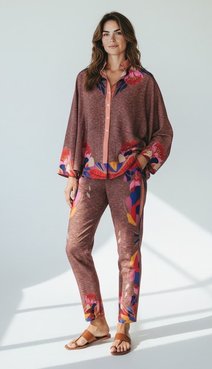 A woman wears a coordinated set featuring a relaxed, silky blouse and matching pants in a warm, earthy tone with bold floral accents in red, pink, and blue. The top has a soft drape with a button front and wide sleeves, while the slim-cut pants echo the print along the sides and hem. Paired with simple leather sandals, the look feels polished yet easy.