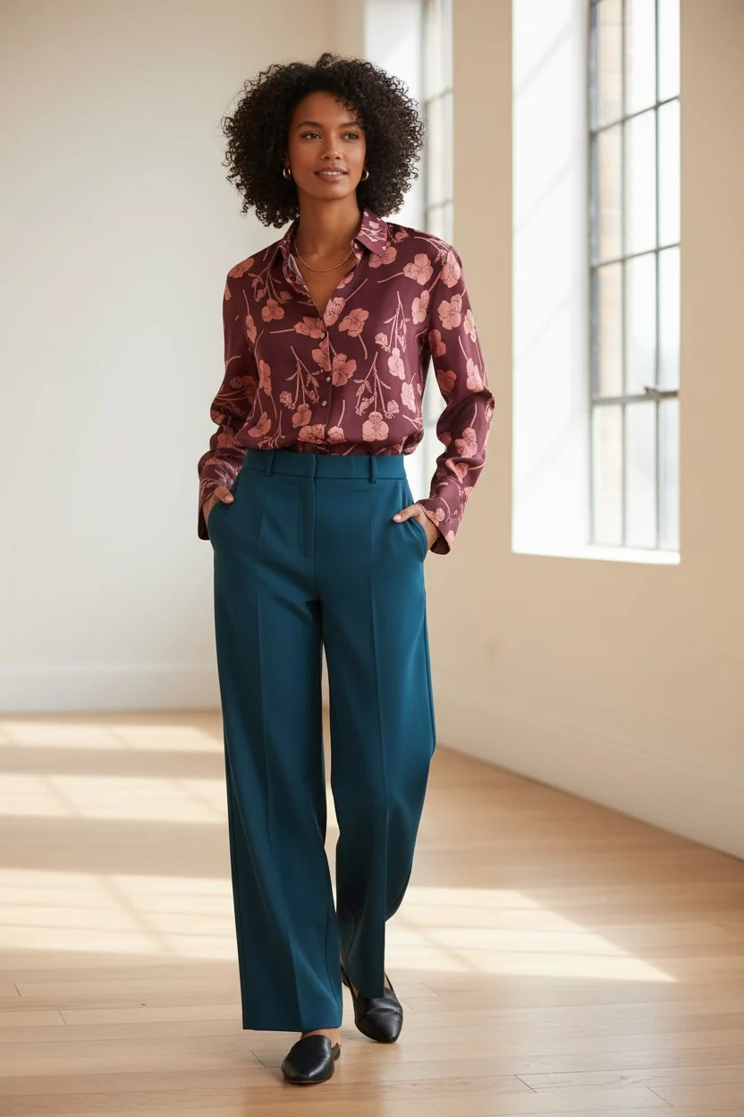 Woman wearing a burgundy floral blouse with teal wide-leg trousers in a sunlit room. Fearrington Village.