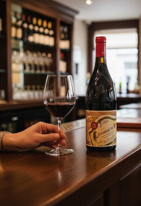 A glass of red wine is held at a wooden bar beside an open bottle, with shelves of wine and glassware softly blurred in the background, creating a warm, inviting tasting room atmosphere.