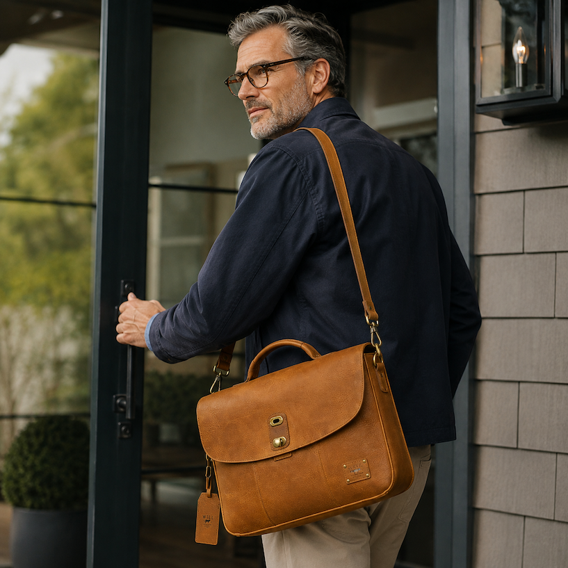 Middle-aged man opening a glass door with a tan leather messenger bag over his shoulder, wearing a navy jacket and beige trousers. Fearrington Village.