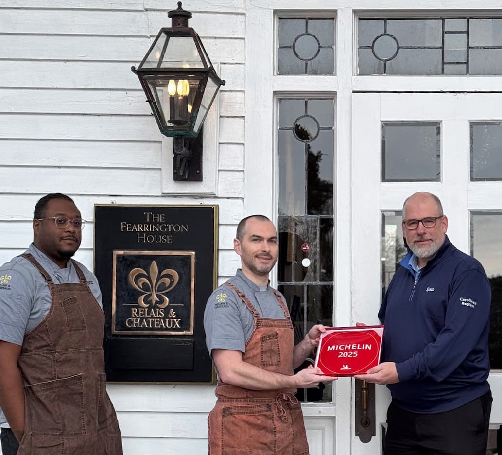 Chefs at The Fearrington House Restaurant receive a 2025 MICHELIN recognition plaque outside The Fearrington House. Fearrington Village.