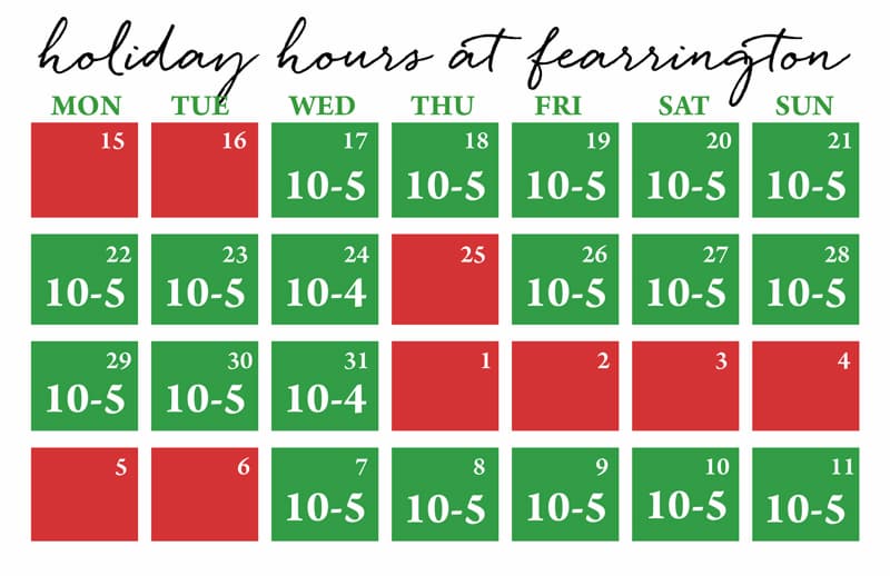 A calendar-style graphic displays Fearrington’s holiday hours, with green squares showing open days and red squares marking closed dates.