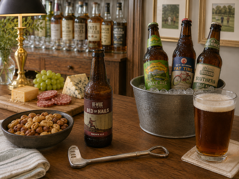Vintage golf club bottle opener rests beside a selection of North Carolina craft beers, a full pint, mixed nuts, artisan cheeses, charcuterie, and grapes on a warm wood bar, creating an inviting scene for casual entertaining.