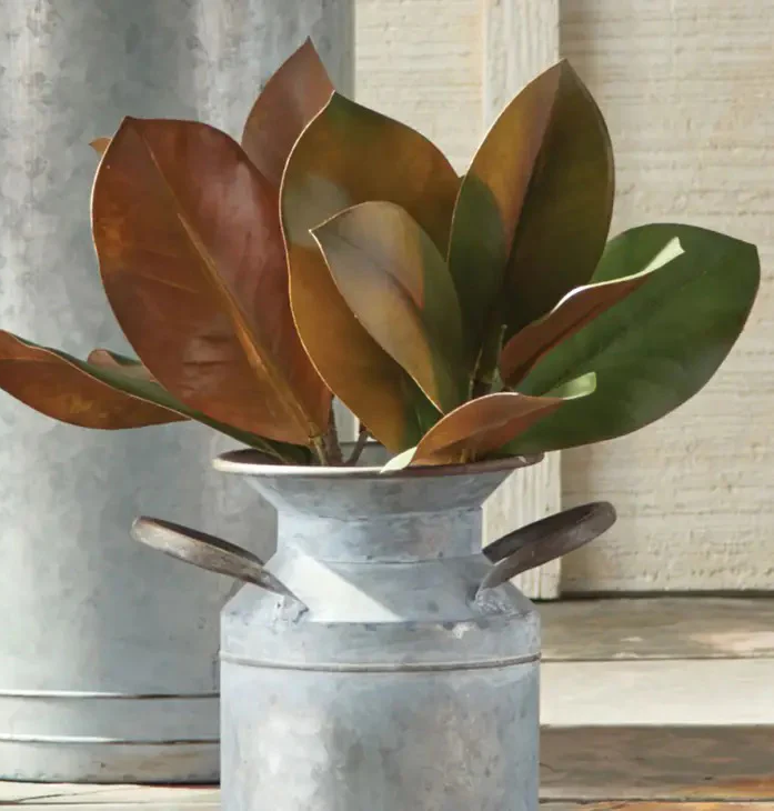 Magnolia leaves in rich green and copper tones arranged in a rustic galvanized metal vessel with wooden side handles. The warm foliage and weathered textures create a natural, farmhouse-inspired accent piece.