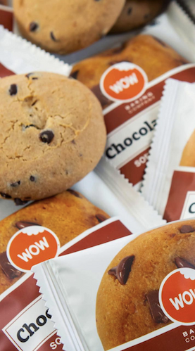 Assorted individually wrapped chocolate chip cookies and soft-baked treats arranged together, showcasing packaged gourmet snacks with visible chocolate chips. Fearrington Village.