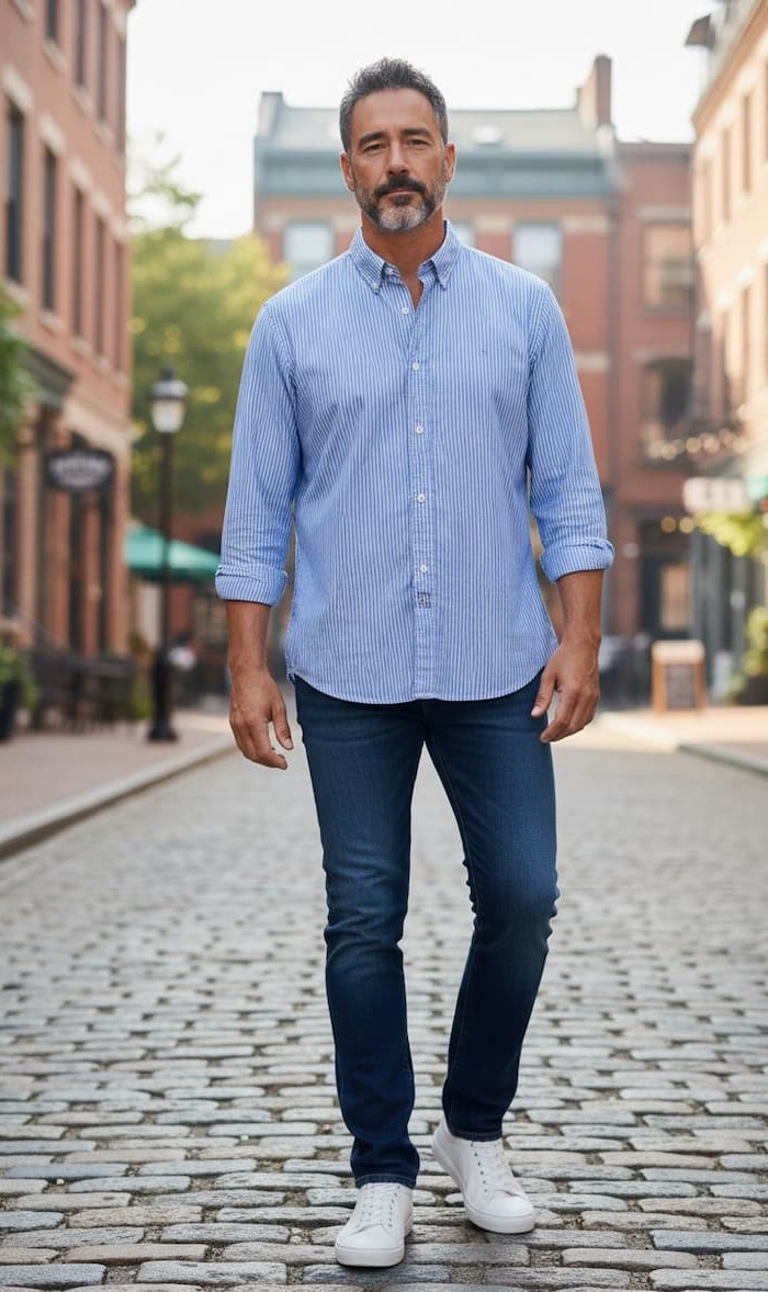 Man walking toward the camera on a cobblestone street lined with brick buildings, wearing a light blue striped button-down shirt, dark jeans, and white sneakers. Clean, casual style with a confident, composed expression in a softly blurred urban setting.