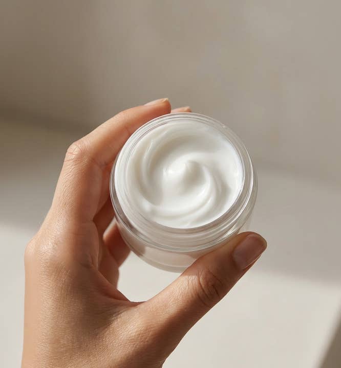 Hand holding an open jar of rich body cream with a smooth, whipped texture for daily hydration and skincare. Fearrington Village.