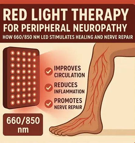 Infographic about red light therapy for peripheral neuropathy showing a panel light device and a leg illustration with highlighted nerves, noting 660/850 nm LEDs may improve circulation, reduce inflammation, and support nerve repair.