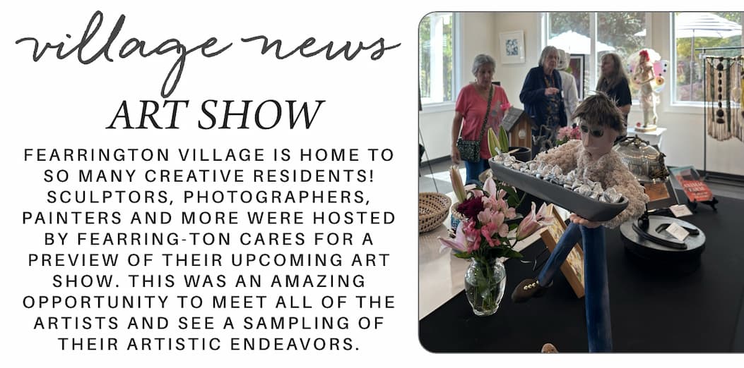 A flyer reads "Village News Art Show" and describes an upcoming art event at Fearrington Village. Beside the text, people view various art displays, with a sculpture of a girl holding a bird in the foreground. Fearrington Village