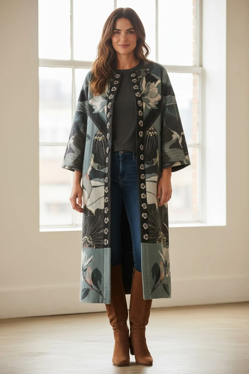 Woman wearing a long gray floral coat with decorative buttons, dark jeans and brown knee-high boots. Fearrington Village.