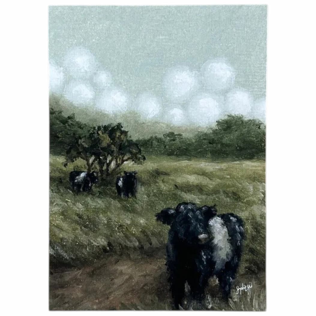 Print of Belted Galloway cows grazing in a peaceful countryside landscape. Fearrington Village.