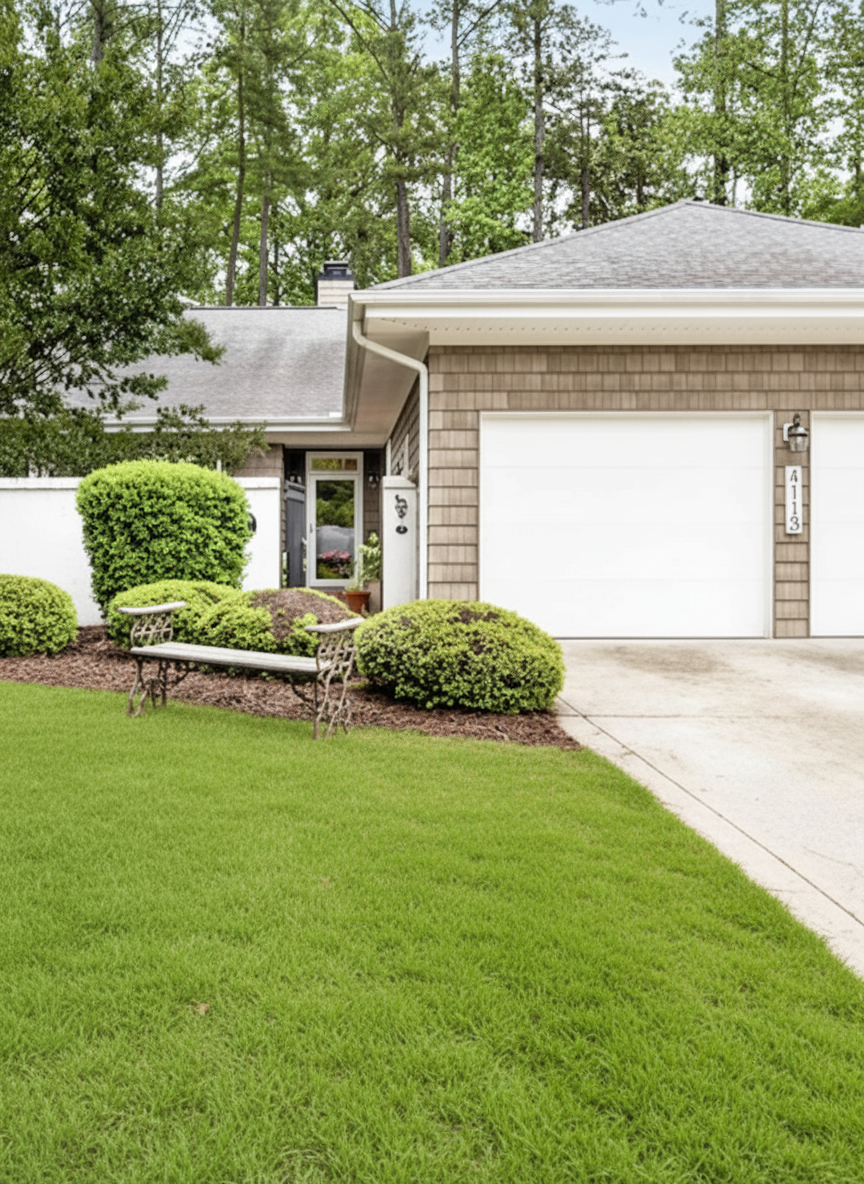 A suburban home with a manicured lawn, a bench, and a two-car garage.