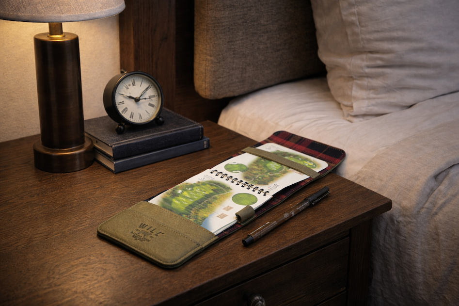 Dark wood bedside table styled with a warm-toned lamp, stacked books, and a classic analog clock. A leather golf scorecard holder with plaid lining lies flat beside a pen, next to a neatly made bed with soft neutral bedding.