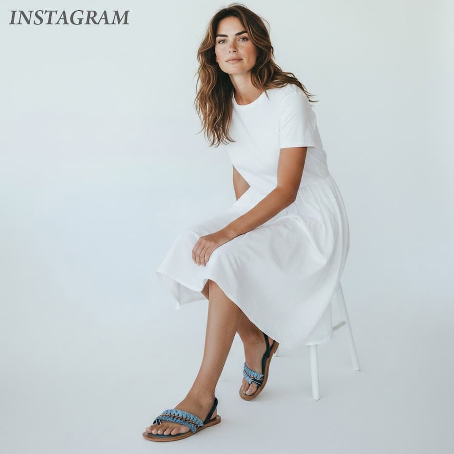Woman seated on a white stool wearing a flowing white midi dress and blue braided flat sandals. The minimalist studio setting and airy silhouette highlight the sandals’ woven texture and relaxed, effortless style.