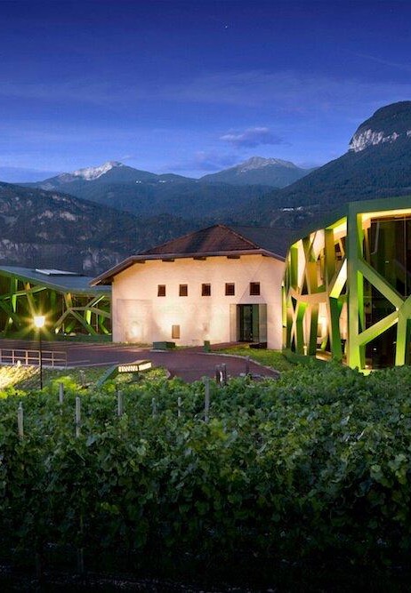 Modern winery and vineyard at dusk, featuring striking contemporary architecture with illuminated green structural accents set against a backdrop of dramatic mountain peaks. Rows of grapevines fill the foreground, while soft evening light creates a serene, sophisticated atmosphere.