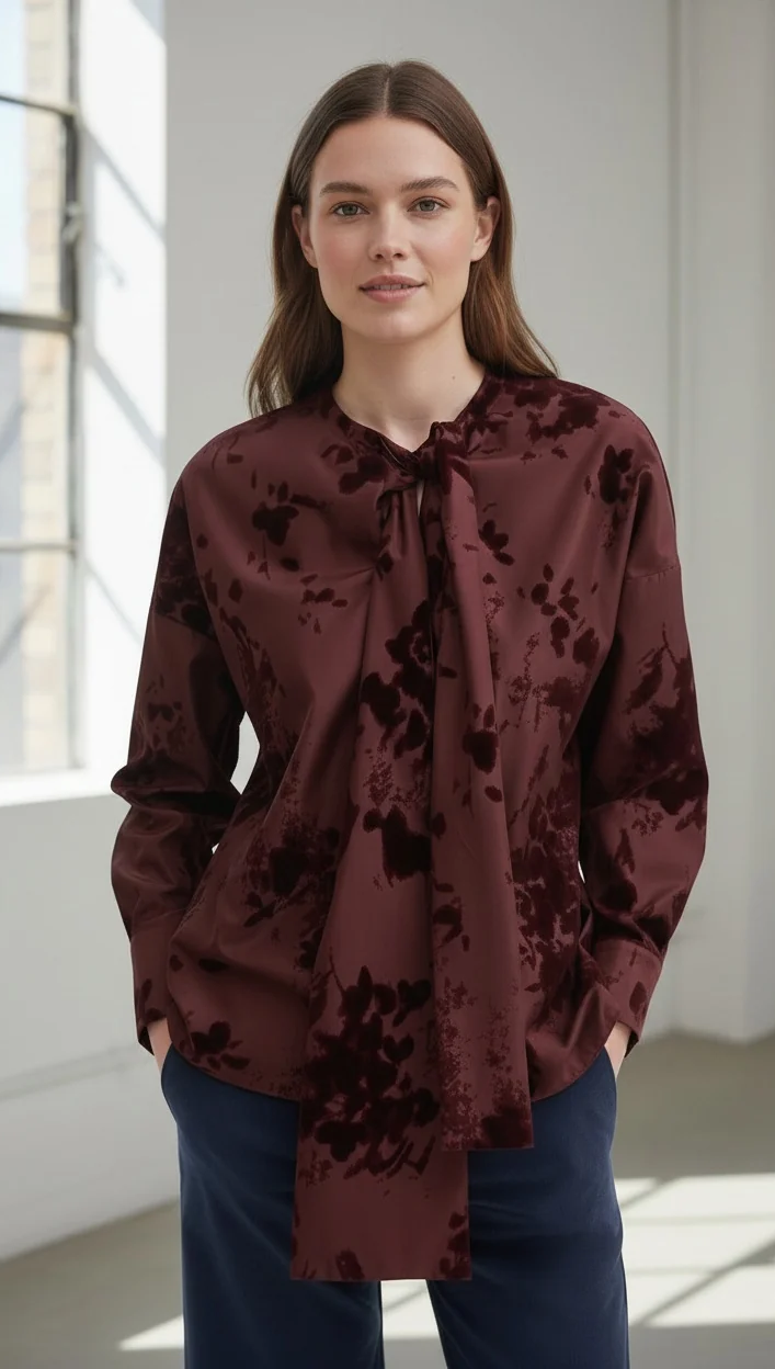 Woman wearing a burgundy floral tie-neck blouse with navy trousers in a sunlit room. Fearrington Village.
