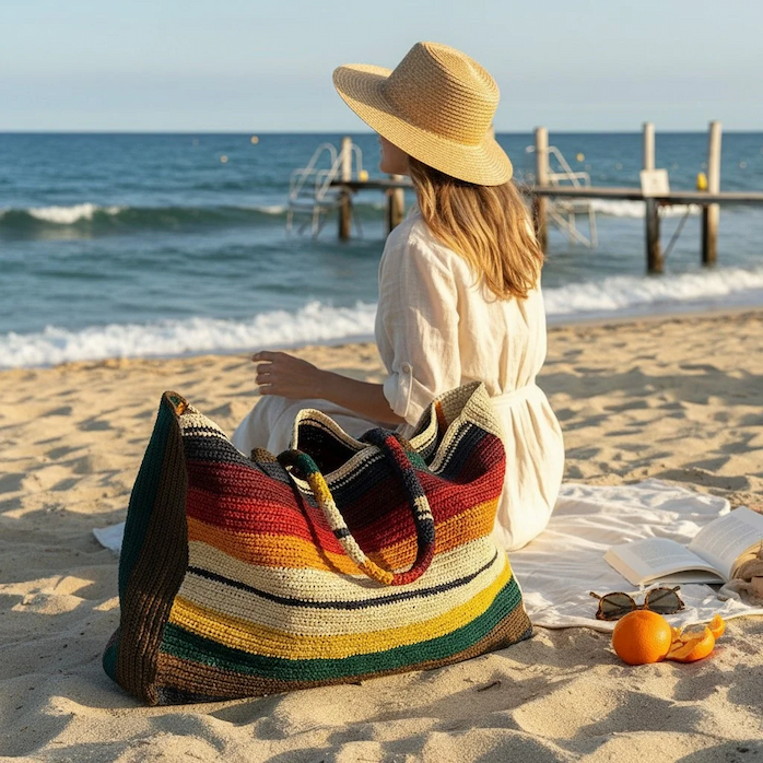 Large multicolored woven tote bag resting on a sandy beach beside a woman in a white cover-up and wide-brimmed straw hat. The striped bag features rich shades of red, gold, green, cream, and navy, while gentle waves roll in behind her and a wooden pier extends into the water. An open book, sunglasses, and fresh citrus add to the relaxed seaside scene.