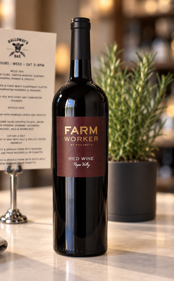Farm Worker Napa Valley red wine bottle displayed at Galloway’s Wine Bar with a rosemary plant and bar menu softly blurred in the background. Fearrington Village.