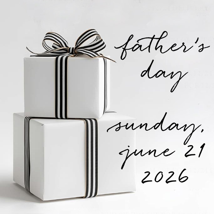 Two white gift boxes wrapped with black-and-white striped ribbon are stacked against a clean white background. Elegant handwritten-style text reads, “Father’s Day, Sunday, June 21, 2026,” creating a simple and sophisticated design celebrating the holiday and gift-giving occasion.