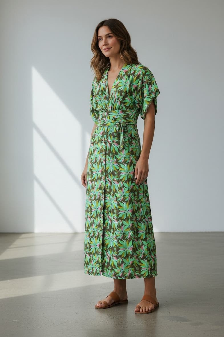 A woman wears a flowing, mid-length dress in a lively green botanical print with hints of blue and soft pink. The silhouette features a relaxed wrap-style bodice, flutter sleeves, and a cinched waist that creates an easy, flattering shape. Paired with simple leather sandals, the look feels fresh, effortless, and warm-weather ready.