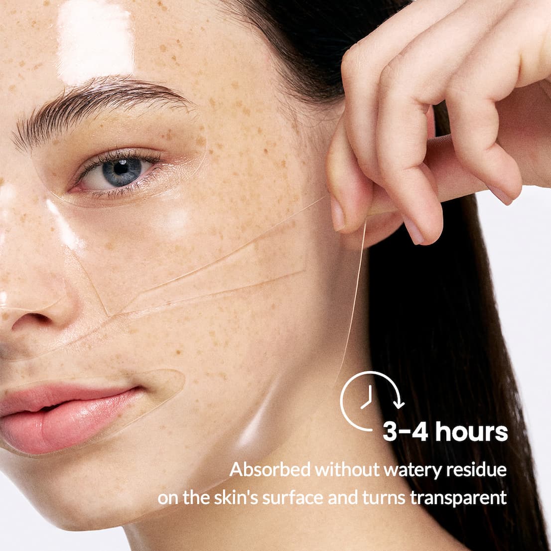 Close-up of a person peeling a transparent sheet mask from their cheek, with on-image text showing “3–4 hours” and “absorbed without watery residue.”