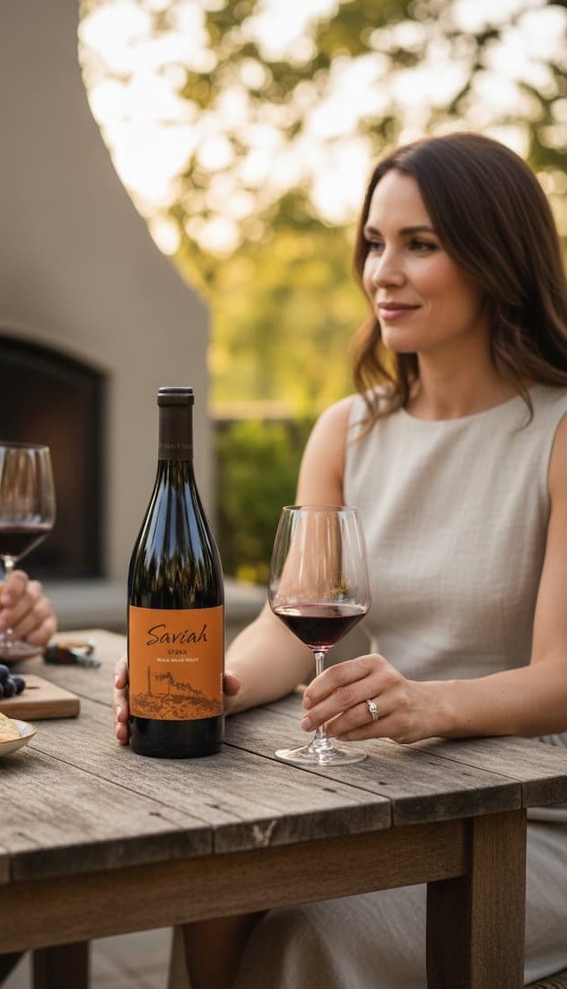 Woman seated outdoors at a wooden table holding a glass of red wine beside a bottle, with a fireplace and greenery in the background.