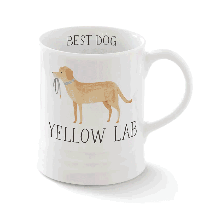 A rotating carousel of white ceramic coffee mugs feature watercolor-style illustrations of different dog breeds. The words “BEST DOG” appear on the inside rim.