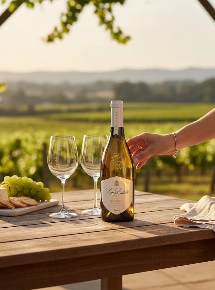 Bottle of King Estate Pinot Gris on a wooden table overlooking sunlit vineyards, flanked by two empty wine glasses, a plate of grapes and crackers, and a hand reaching toward the bottle at golden hour.