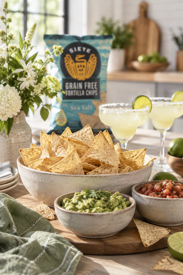 Siete Grain-Free Tortilla Chips served with guacamole and salsa alongside lime margaritas and fresh flowers in a sunlit kitchen. Fearrington Village.