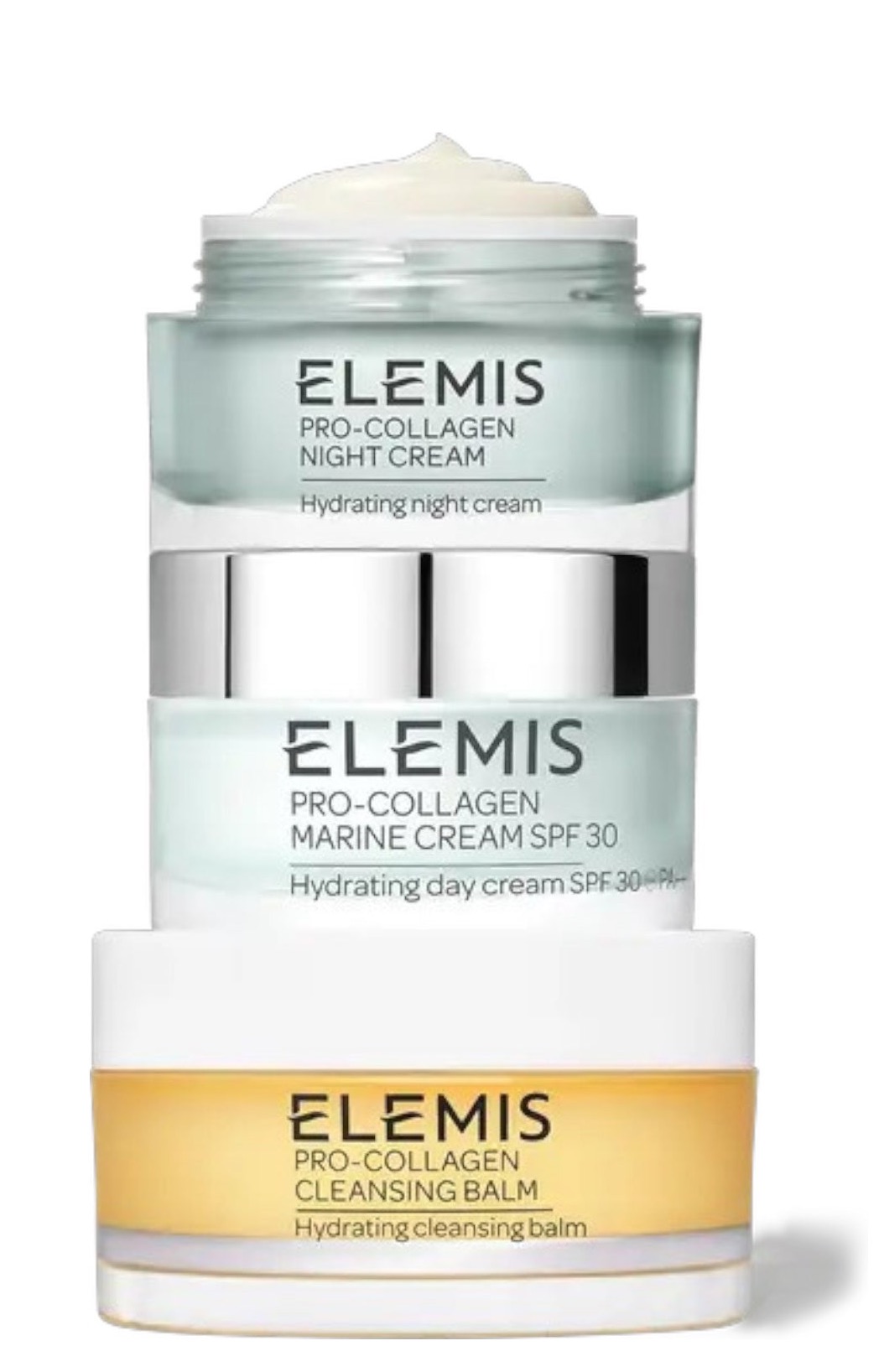 Three stacked ELEMIS skincare jars: Pro-Collagen Night Cream on top, Pro-Collagen Marine Cream SPF 30 in the middle, and Pro-Collagen Cleansing Balm at the base, shown against a clean white background.