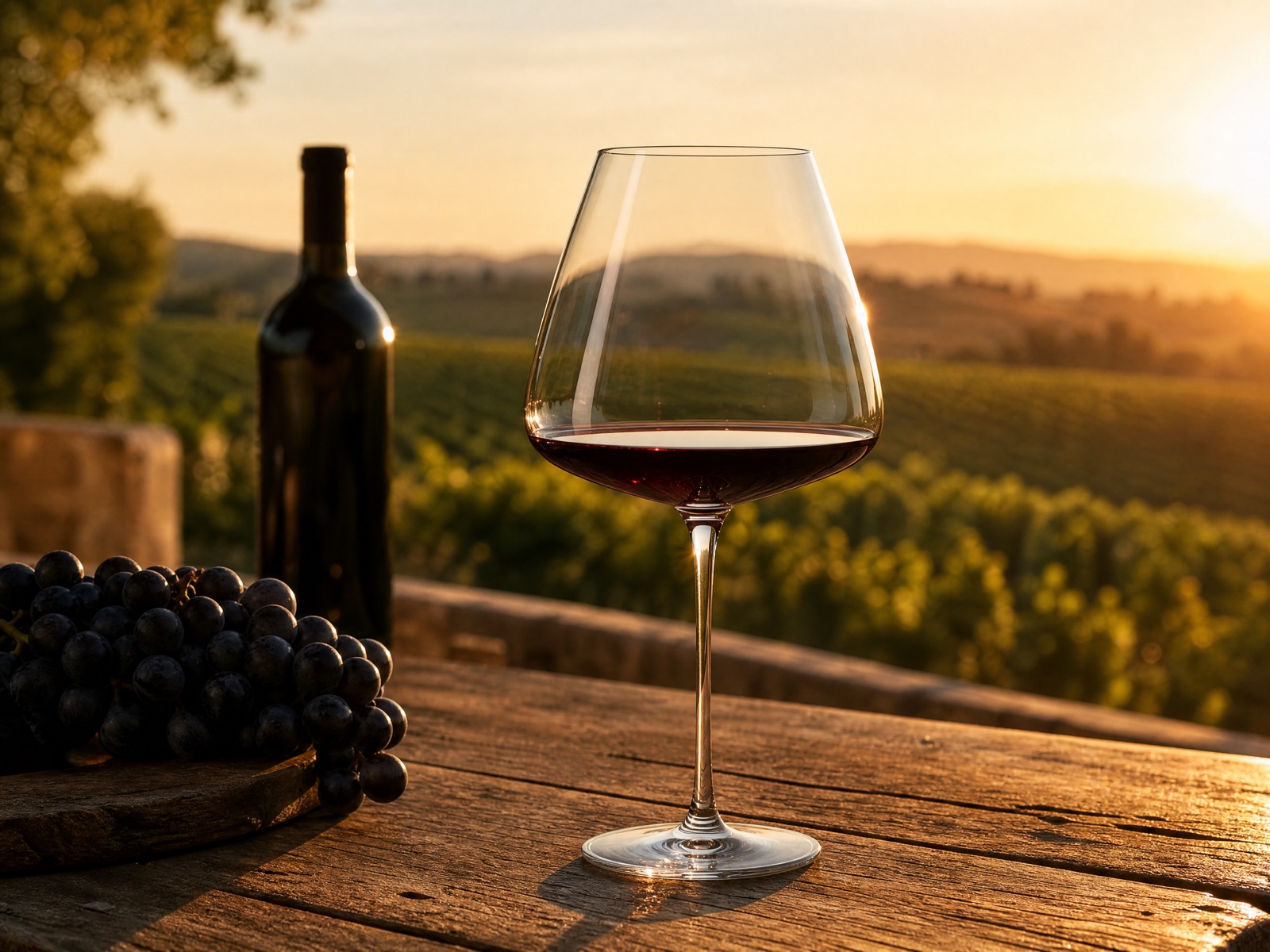 Verre à vin de dégustation Verasco servi d'un rouge jeune sur une table en chêne face aux vignes au coucher du soleil
