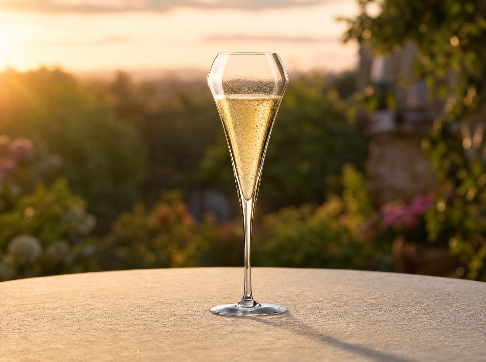 Verre tulipe à champagne Verasco servi de champagne doré aux fines bulles sur une table en lin au soir d'été