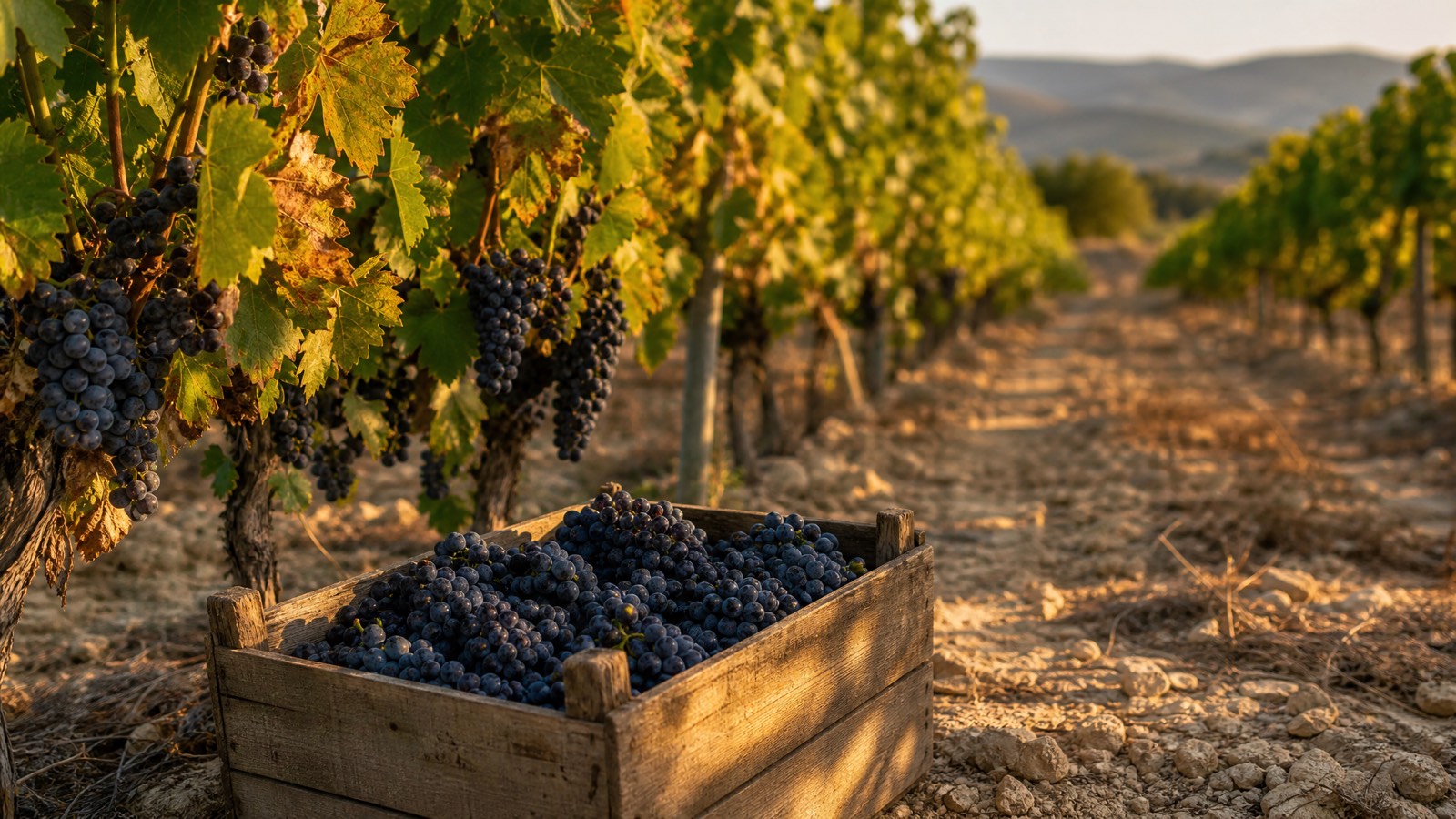 Rang de vigne aux grappes noires mûres au lever du soleil avec caisse de vendange en bois : vendanges 2026 les plus précoces de l'histoire de France