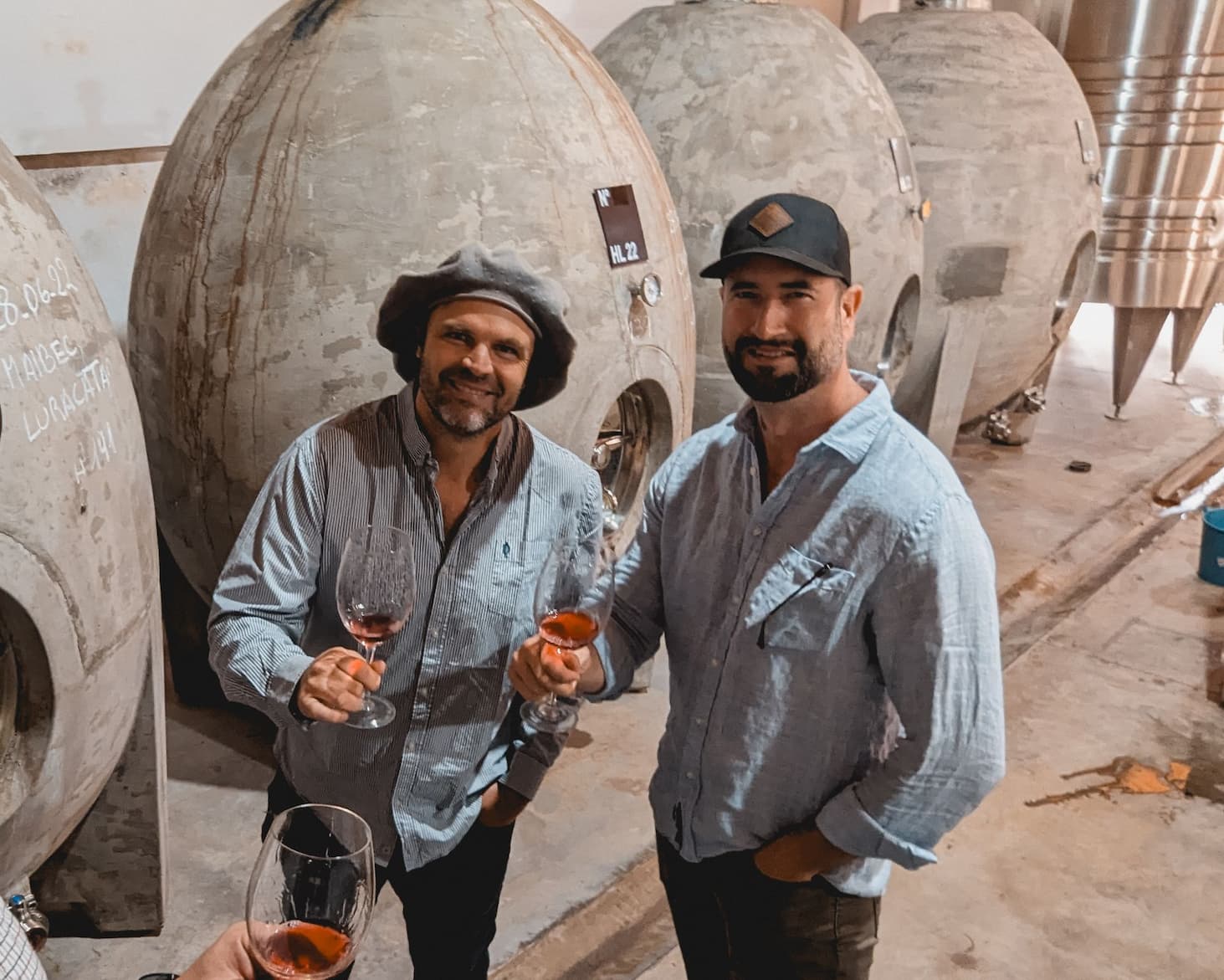 Agustín Lanús at the concrete eggs, Malbec Luracatao chalked on the tank