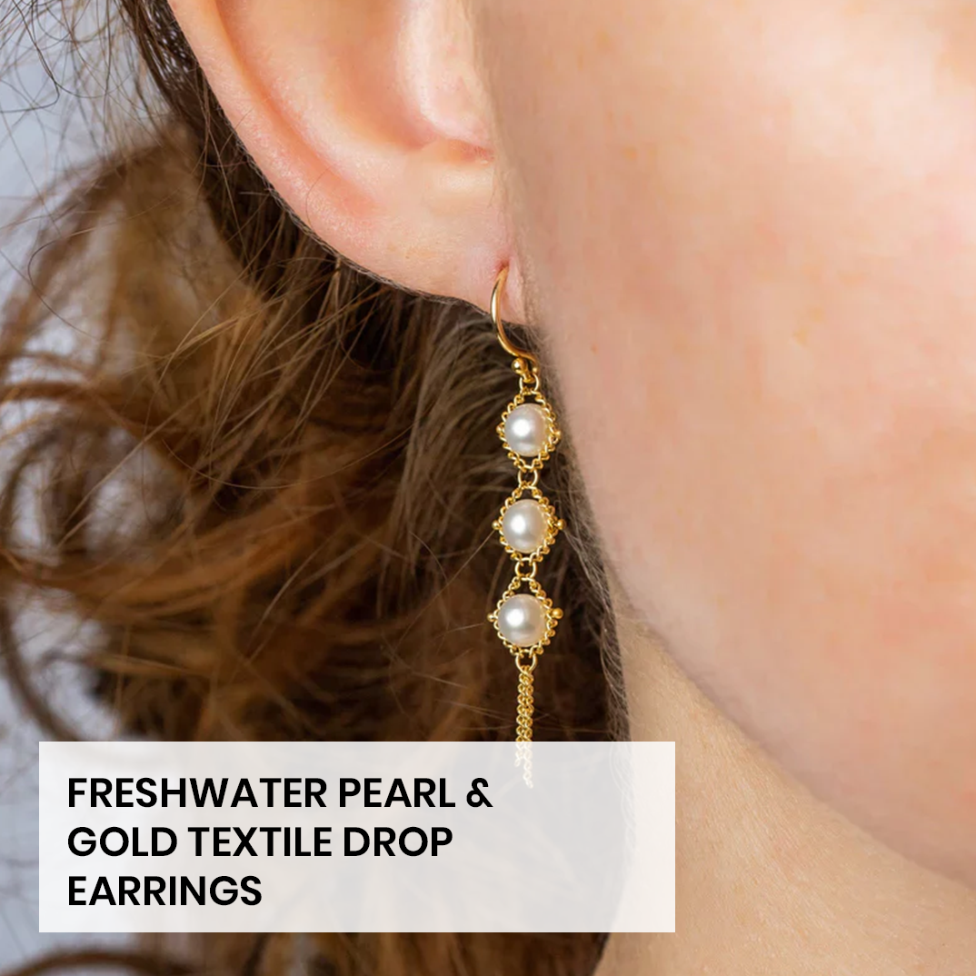 Freshwater Pearl & Gold Textile Drop Earrings
