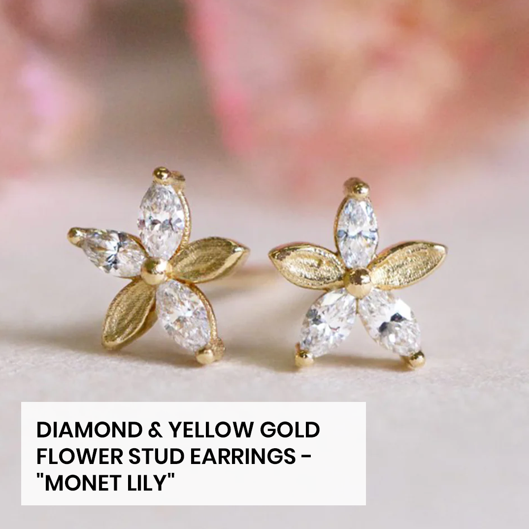 Diamond & Yellow Gold Flower Stud Earrings - "Monet Lily"