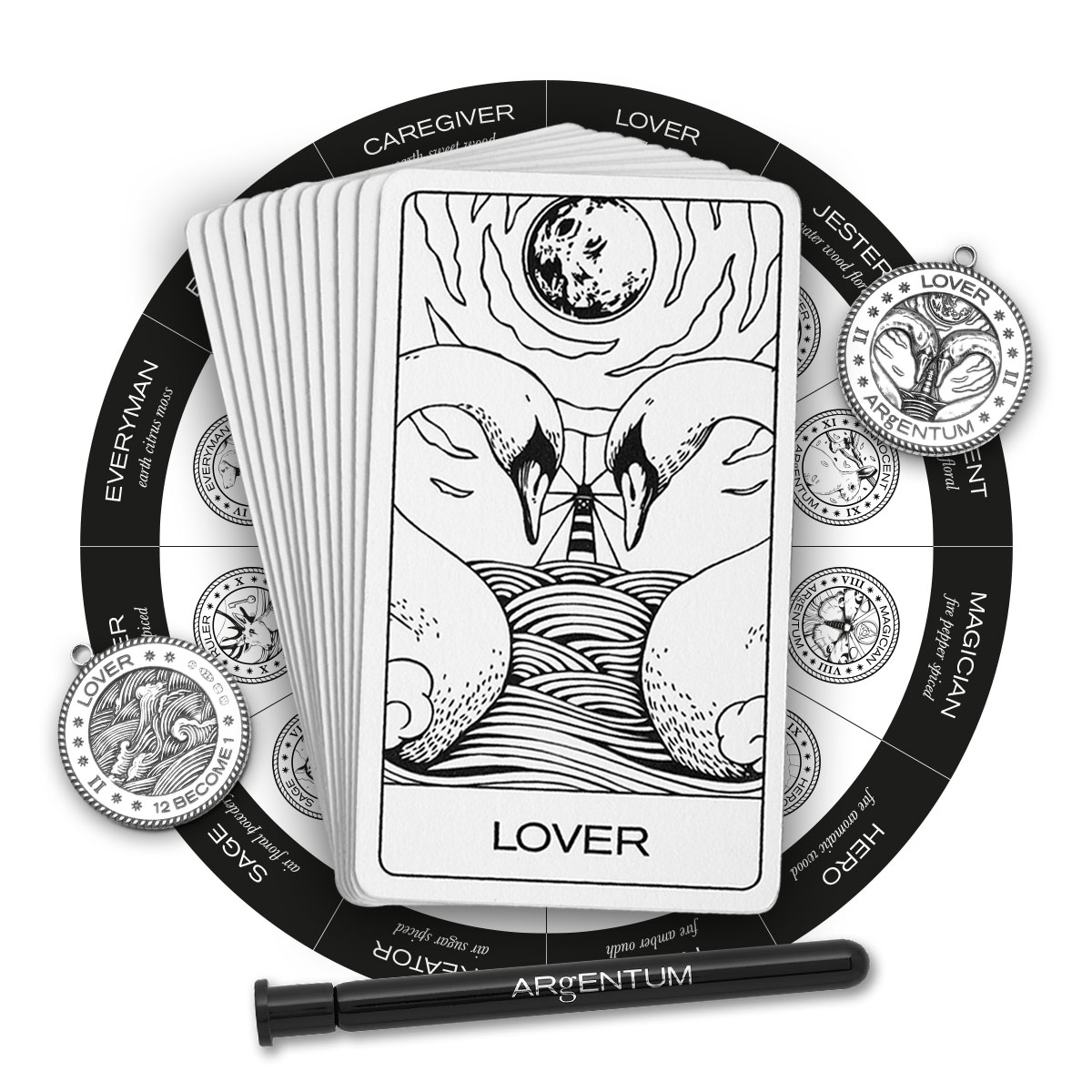 ARgENTUM's LOVER archetype card, silver talisman and 2ml vial