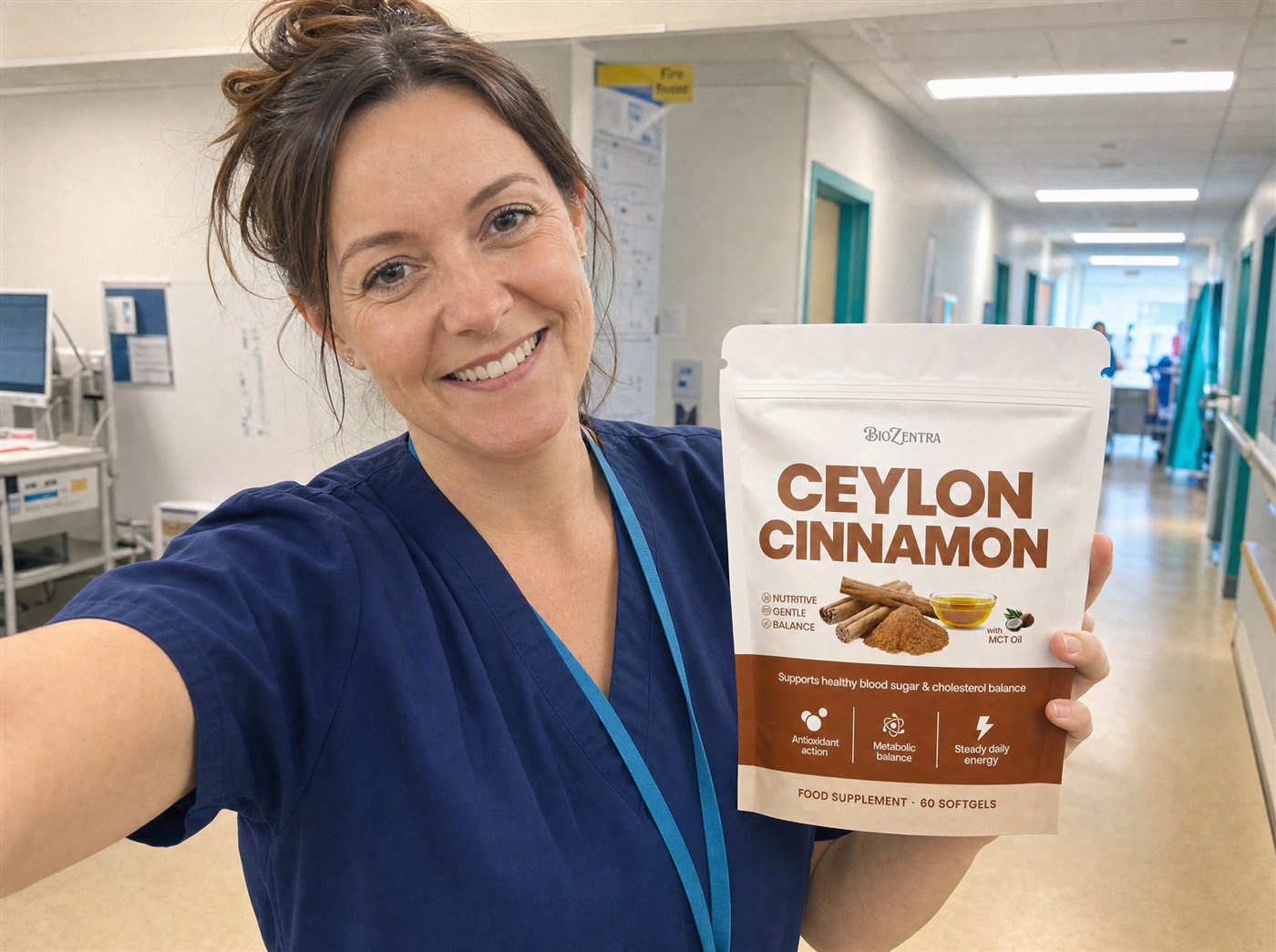Woman holding Biozentra Ceylon Cinnamon and a glucose meter reading 5.1 mmol/L