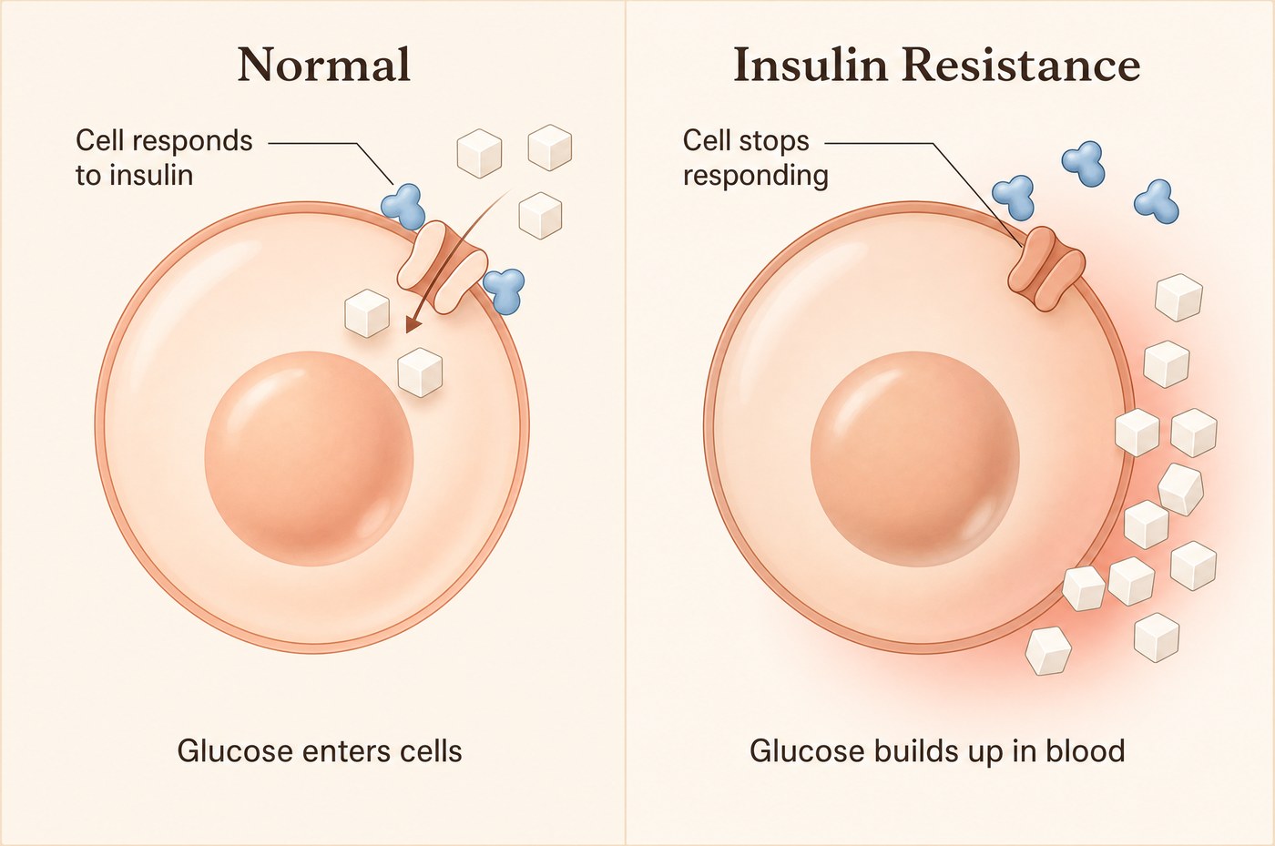 Normal cell lets glucose in, insulin-resistant cell leaves glucose in the blood