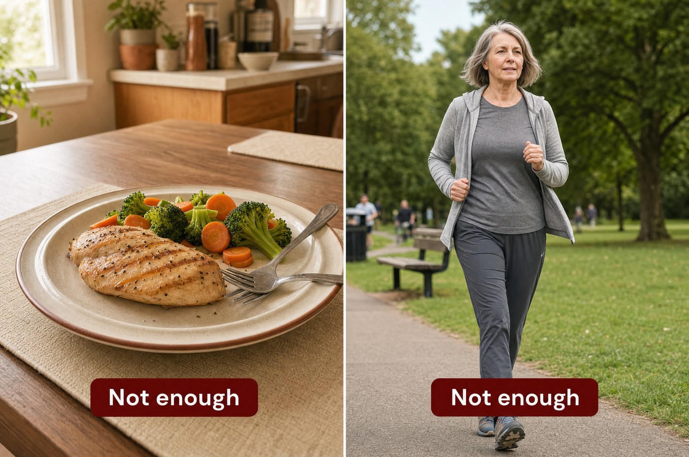 A healthy plate and daily walking, both labelled not enough on their own
