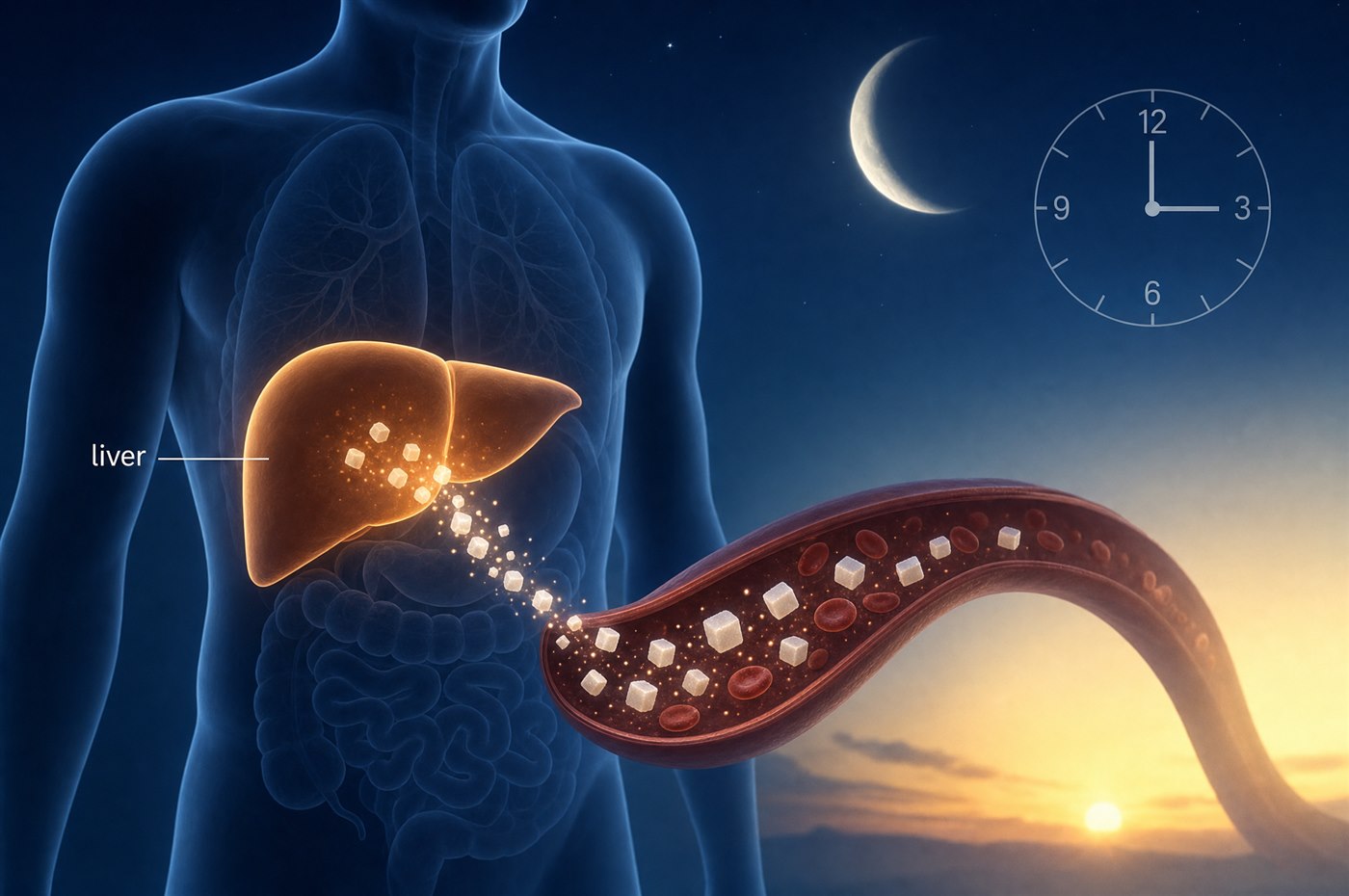 The liver releasing stored glucose into the blood overnight