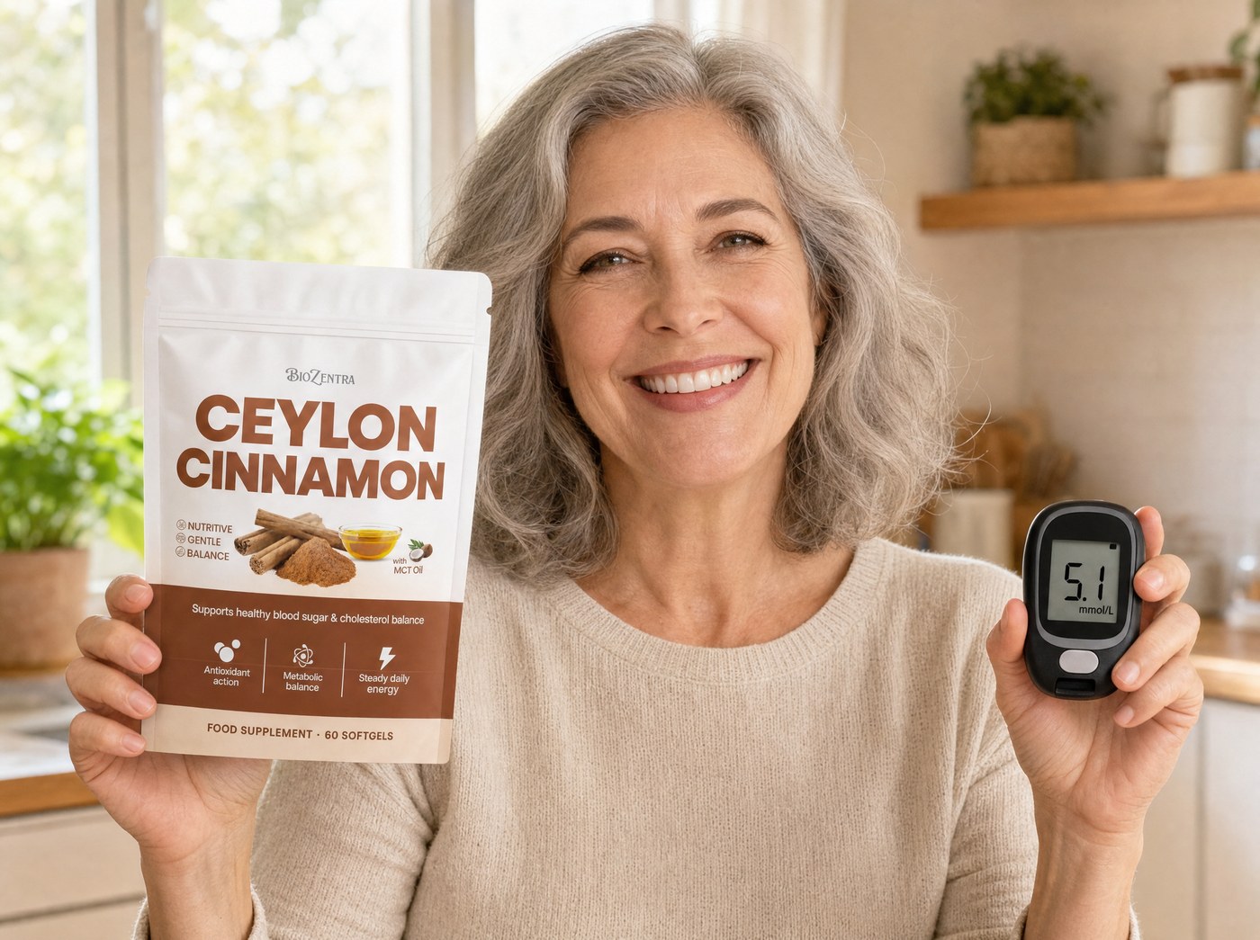 Woman holding Biozentra Ceylon Cinnamon and a glucose meter reading 5.1 mmol/L