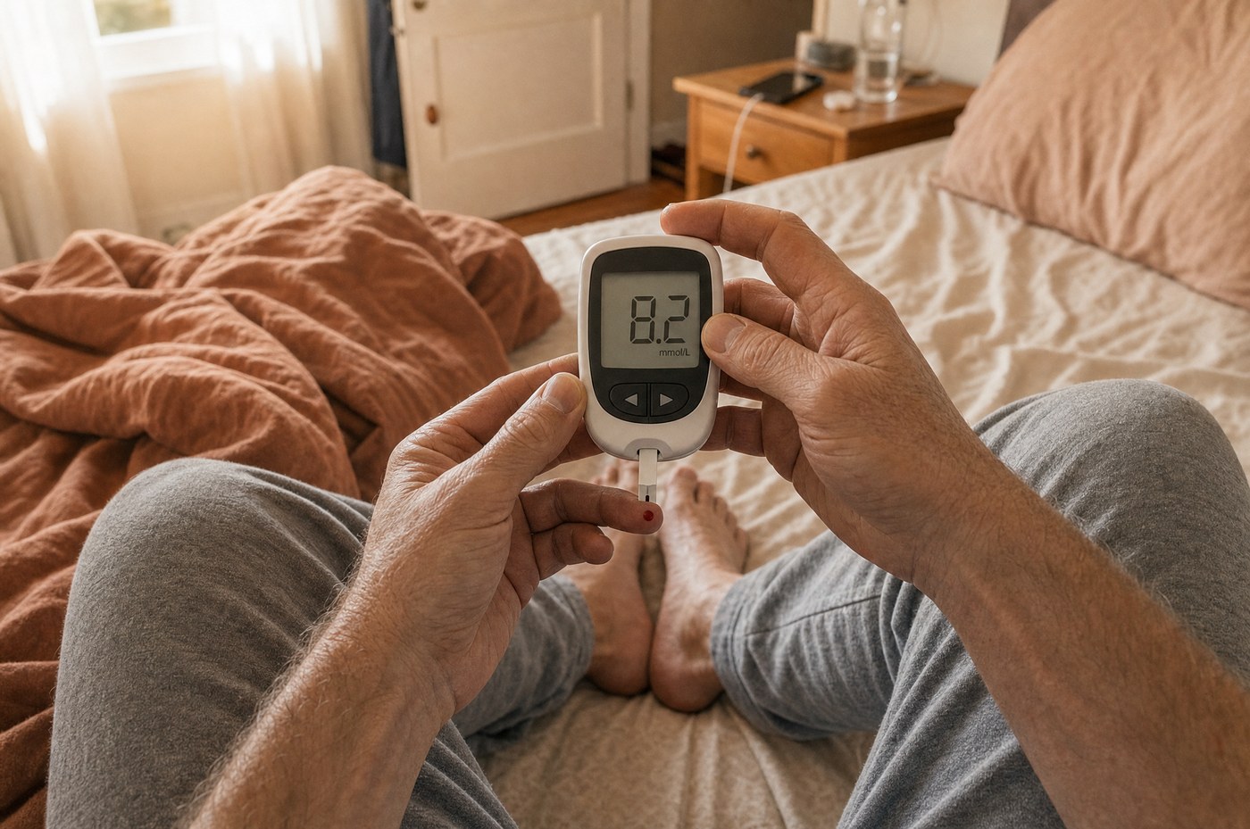 Man checking his fasting blood sugar in bed, meter reading 8.2 mmol/L